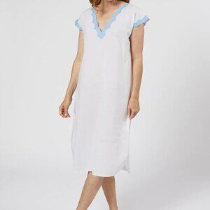 Lenora 100% Cotton Batiste Helen Nightgown White/Blue Scallop Trim NEW NWT Large